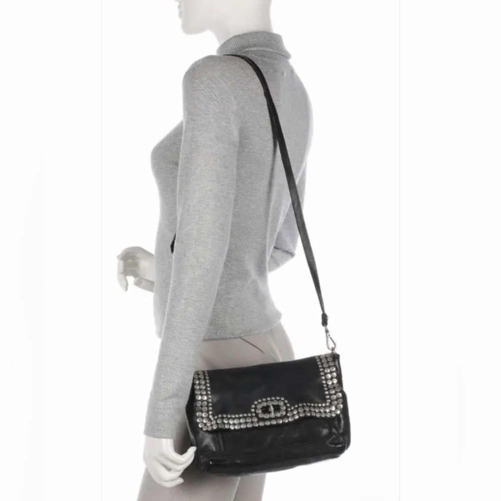 Campomaggi Black Leather Crossbody Bag with Silver Studs and Turnlock - Picture 11 of 12